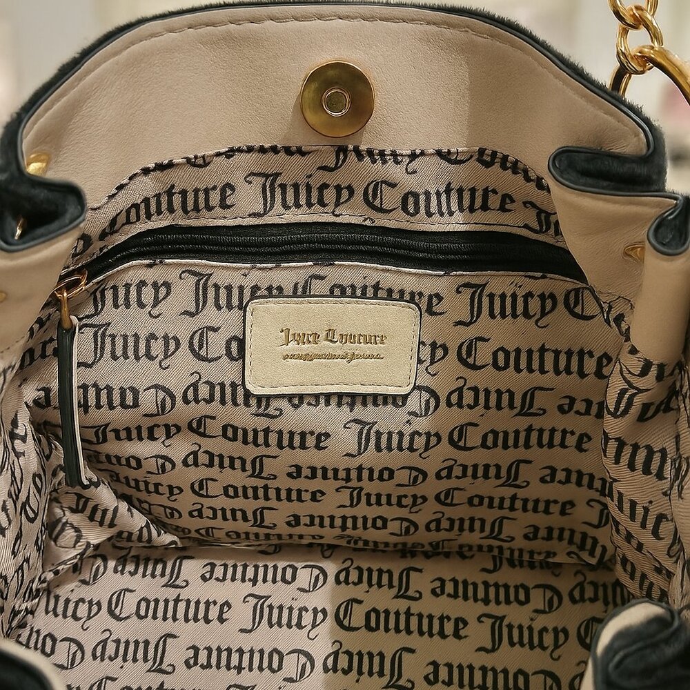 Juicy Couture Royal Black Velour Tote Bag with Rhinestone Crown & Gold Heart Cha - Picture 3 of 4